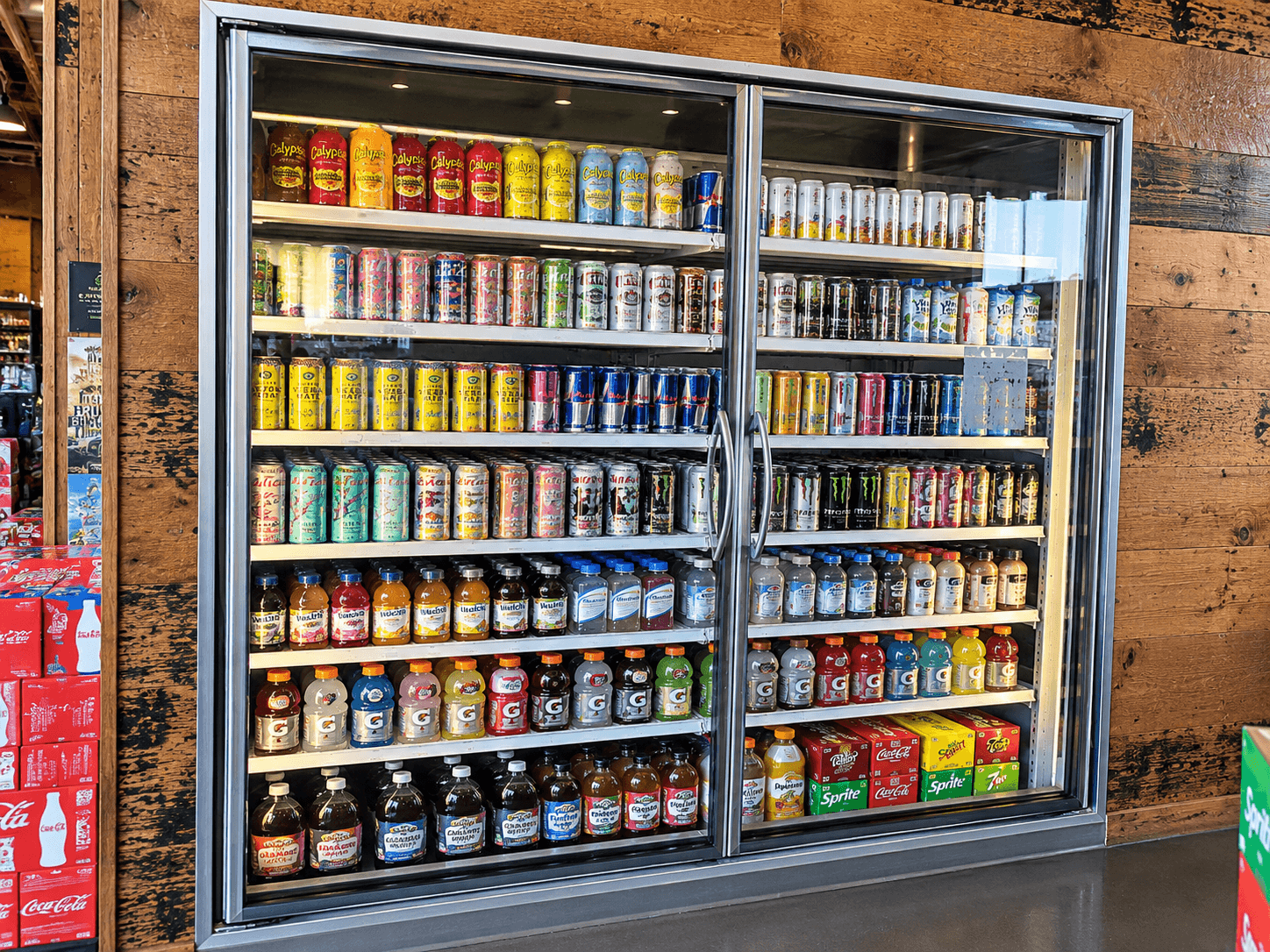 Coldrite glass reach-in doors on a beverage display