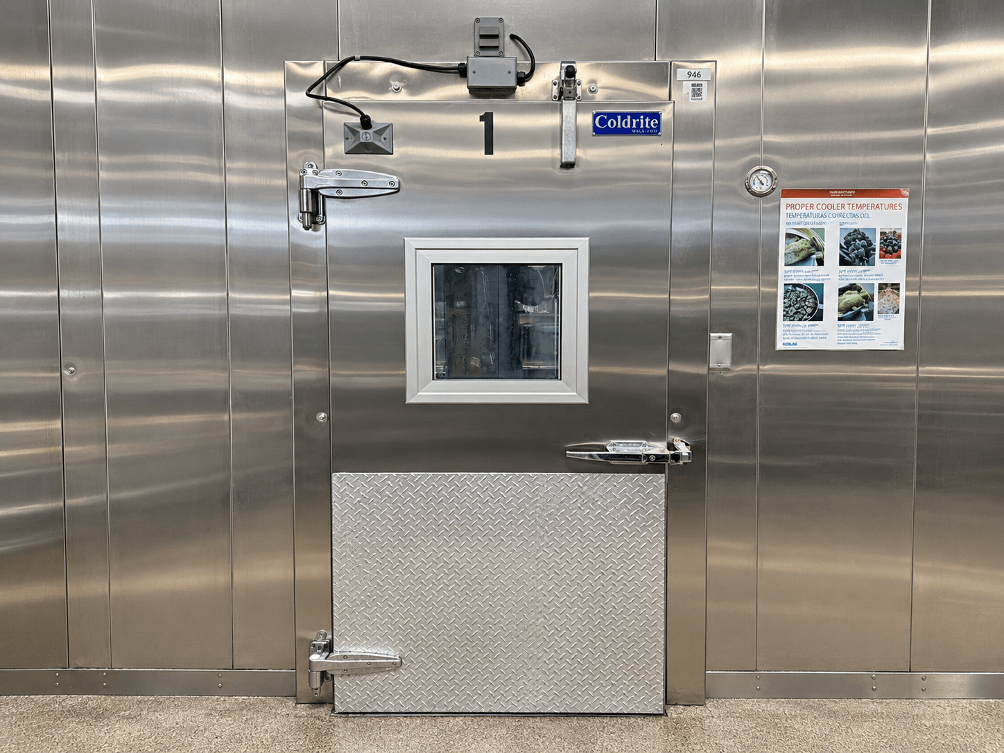 Coldrite stainless freezer door with viewing window and kick plate