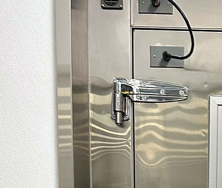 Chrome hinge on a Coldrite walk-in door